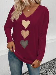 EMERY ROSE Kaos Lengan Panjang Kasual Wanita Model V-Neck dengan Manset Mengembang, Motif Hati Ombre Terlaris, Musim Semi/Gugur - Burgundy - View 3