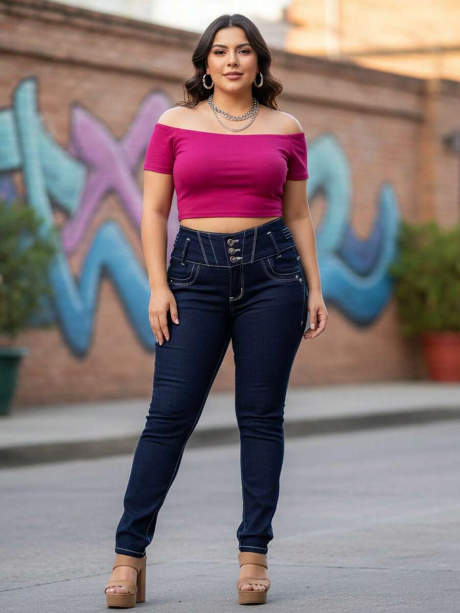 Mujer Jeans Estilo Chic Casual con Cintura Multi-Botón Corte Ajustado Temporada Primavera-Verano Uso Informal - Azul - Ver 1
