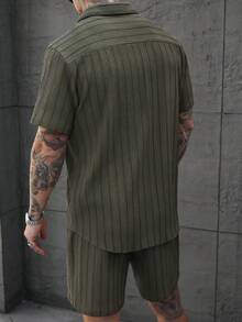 SLATEMANN 男士休闲纯色纽扣衬衫套装 - 軍綠色 - 查看 2