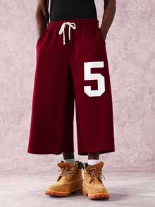 PAVTROS Men's Burgundy Badge Graphic Print Drawstring Waist Casual Sweatpants,Loose Fit Wide Leg Sports Pants For Autumn Streetwear City Break Back-To-School - Red - View 4