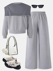 SHEIN 3件組 大女孩純色刺繡寬鬆圓領上衣 + 格紋條紋披肩 + 成套休閒運動長褲 - 灰色 - 查看 2