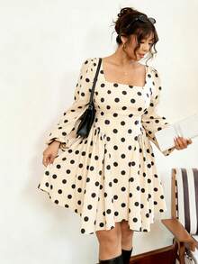 Vionelle 大码春夏长袖方领露背休闲优雅度假波点迷你连衣裙 波点连衣裙 女士法式连衣裙 波点连衣裙 波点连衣裙 优雅连衣裙 女士波点连衣裙 优雅波点连衣裙 法式连衣裙 - 杏色 - 查看 4