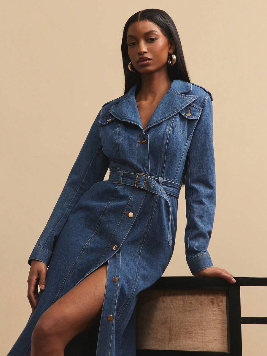 NYA SZN Denim Dress Trench Coat Military Belt Light Wash Button Up Flowy Fitted Outerwear Festive Winter Holiday Valentines Day Party Event Streetwear Special Occasion Carnival Outfits For Women - Medium Wash - View 1