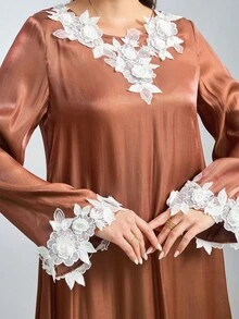 Al Najma Women's Elegant Long Sleeve Turkish Kaftan & Arabic Traditional Maxi Dress - Brown - View 6