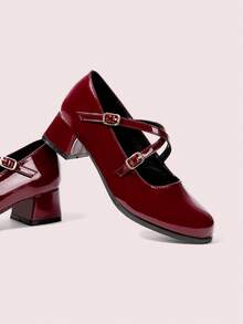 CUCCOO DOLLMOD Women's Fashionable Versatile Commuting Minimalist Buckle Pumps Valentine's Day - Burgundy - View 2