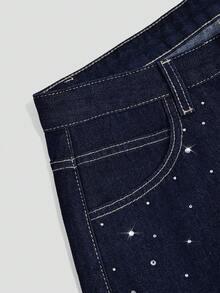 Breezaya Women's Rhinestone Embellished Washed Straight Leg Denim Shorts - Dark Wash - View 3