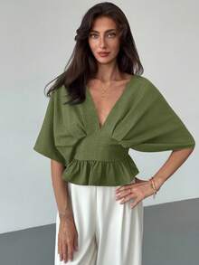 Aloruh 女士纯色V领褶皱优雅短袖衬衫 - 綠色 - 查看 4