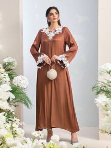 Al Najma Women's Elegant Long Sleeve Turkish Kaftan & Arabic Traditional Maxi Dress - Brown - View 4
