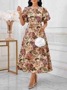 SHEIN Lady Đầm nữ dáng dài ngang gối, cổ tròn, tay phồng, in họa tiết hoa, thích hợp cho kỳ nghỉ. - Nhiều màu - Xem 5