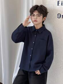 DAZY Tween Boy Casual Solid Color Front Button Long Sleeve Shirt, Autumn Spring - Navy Blue - View 6