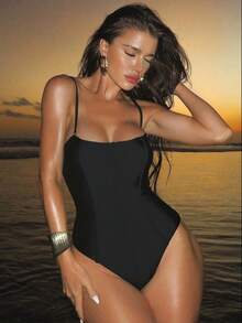 Shapewave 1 pieza Traje de baño de una sola pieza elegante para mujer con bandeau de unicolor y cuerda en forma de espina de pescado, para playa y vacaciones, primavera/verano - Negro - Ver 7