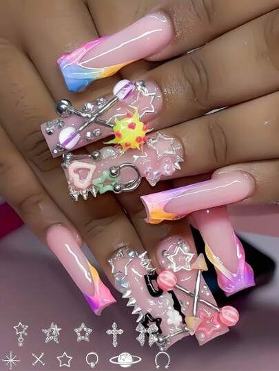 110 Stücke sortierter Nagelschmuck Set in Silberfarbe, glänzende Stern Nieten Deko, Kreuz & Planeten Themen Metall Nagelschmuck mit Strass, 3D Y2K Nail Art Zubehör Nagelpflege Produkte Nägel Nagelsteine