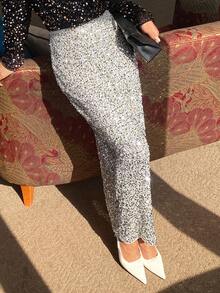 Gonna elegante con paillettes per occasioni formali, Capodanno, Natale, Carnevale - Argento - Visualizzare 5