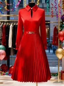 GlowEve CURVE Women's Solid Color Collared Pearl Button Decorated Pleated Long Sleeve Dress, Suitable For Daily Dates, New Year Holidays - Red - View 1