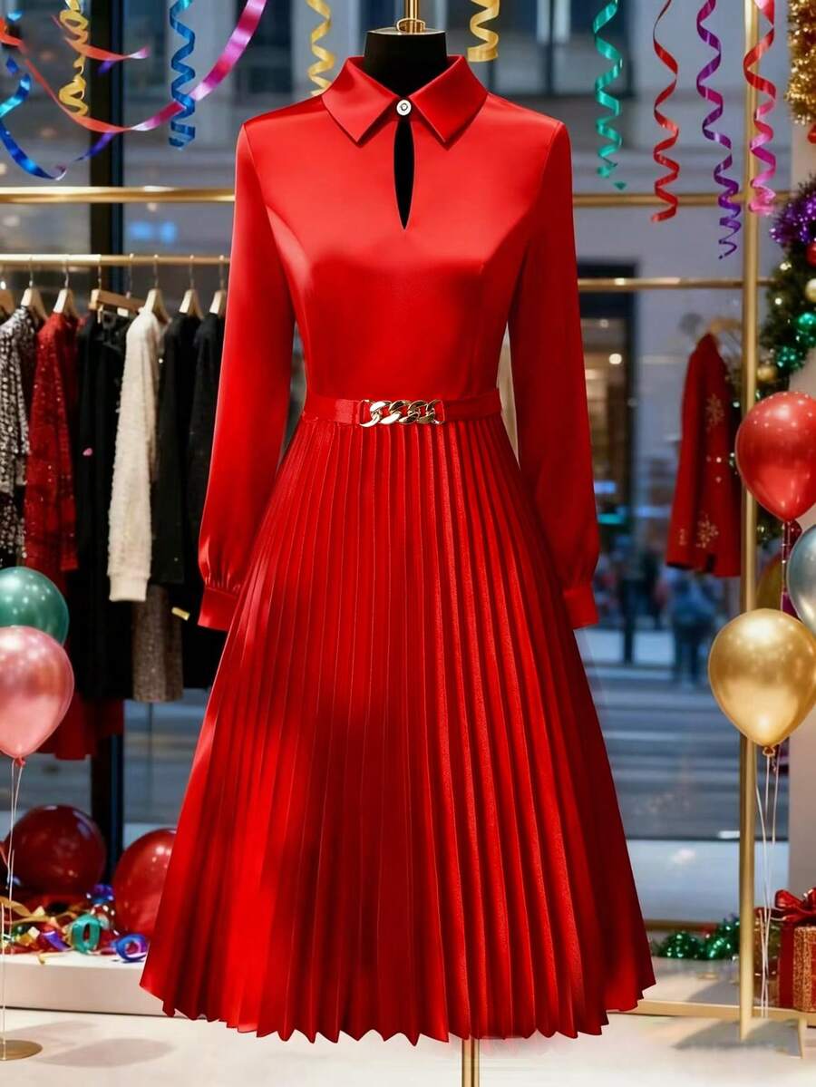 GlowEve CURVE Women's Solid Color Collared Pearl Button Decorated Pleated Long Sleeve Dress, Suitable For Daily Dates, New Year Holidays - Red - View 1