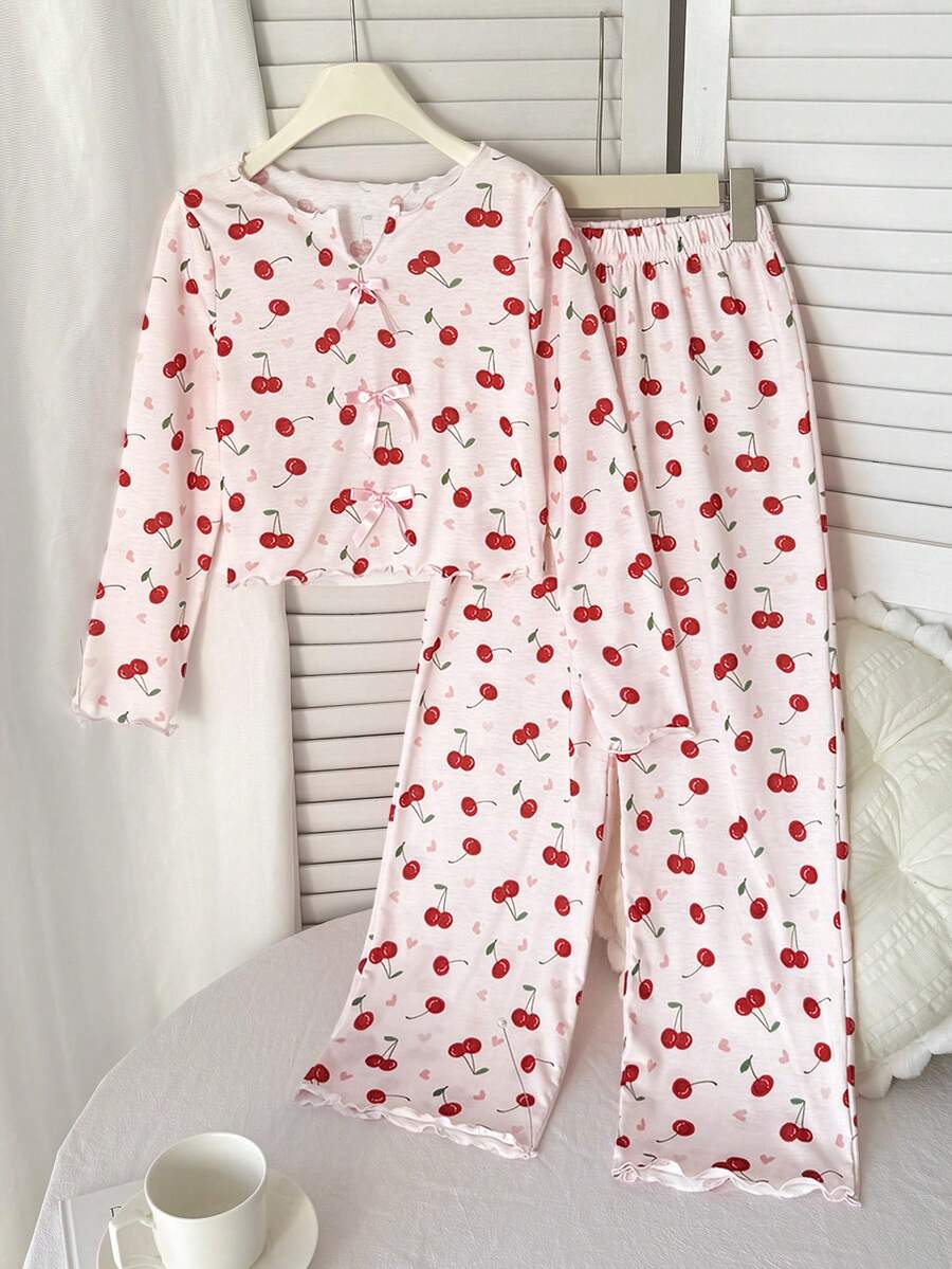 SHEIN 少女樱桃图案V领长袖上衣和裤子睡衣套装 - 淺粉色 - 查看 1