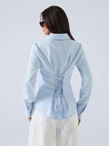 LYSMO Women's Solid Color Button Front Long Sleeve Casual Blouse - Baby Blue - View 2
