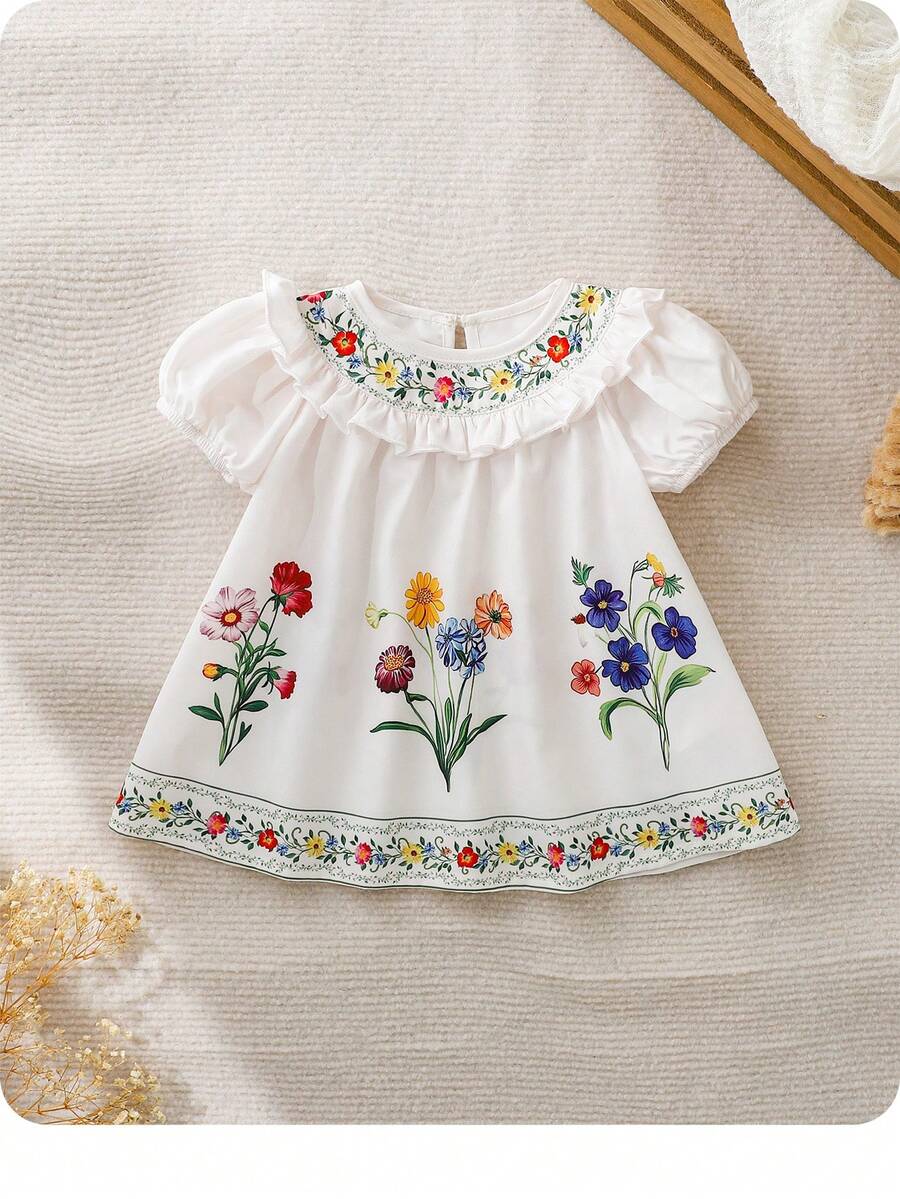 Đầm rộng rãi, thoải mái, in hoa dễ thương cho bé gái sơ sinh, viền bèo nhún. - Màu be - Xem 1