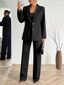 EURMUSE Women Button And Pocket Detailed With Lining Blazer Jacket And Pant Suit Sets - Black - View 3