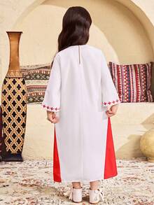 SHEIN Young Girl Print Color Block Long Sleeve A-Line Dress - White - View 3