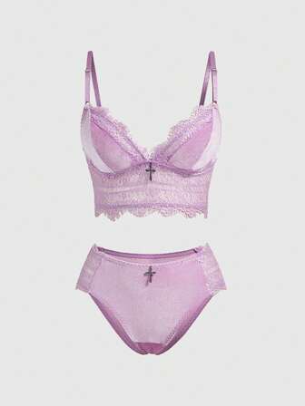 Gothic Stil Samt Spitzen Dreieck Cup String Dessous Set
