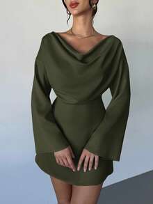 Firerie 杏色船领喇叭袖收腰褶皱连衣裙，适合办公室穿着；新款秋冬简约优雅通勤连衣裙；杏色缎面不对称褶皱领喇叭袖通勤办公室优雅时尚连衣裙；秋季女士外套；婚礼宾客礼服 - 軍綠色 - 查看 6