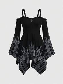 ROMWE Goth 哥特风露肩撞色蕾丝教堂图案不对称下摆吊带连衣裙 - 黑色 - 查看 1