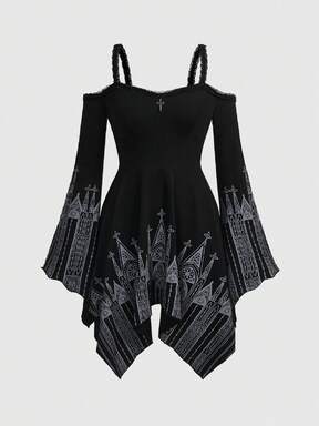 Gothic Style Off Shoulder Contrast Lace Church Pattern Asymmetrical Hem Camisole Dress