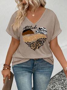 EMERY ROSE New Arrival Spring/Summer Bestselling Leopard Print Heart V-Neck Short Sleeve Plus Size Women T-Shirt - Khaki - View 6