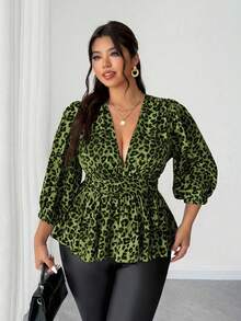 Elenzga Áo kiểu nữ cỡ lớn cổ chữ V sâu, họa tiết da báo, xếp ly, tay phồng, thắt eo, thời trang cho kỳ nghỉ. - Màu xanh Bạc hà - Xem 6