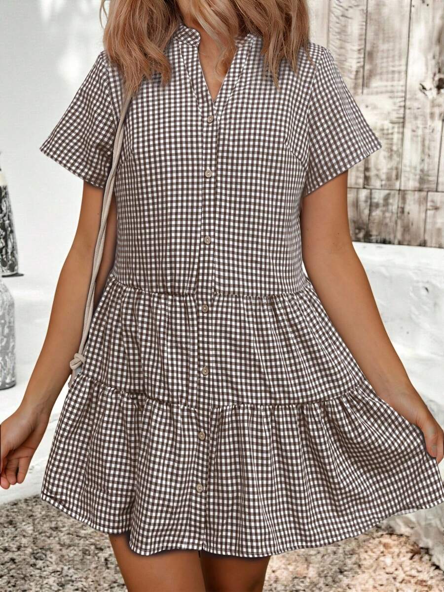 EMERY ROSE Plus Size Plaid Print Notched Neck Ruffle Hem Short Sleeve Dress - Black and White - View 1