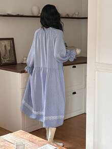 DAZY Vacation Style Ditsy Floral Ruched Frill Collar Lace Patchwork Loose Long Women Nightgown - Blue - View 2