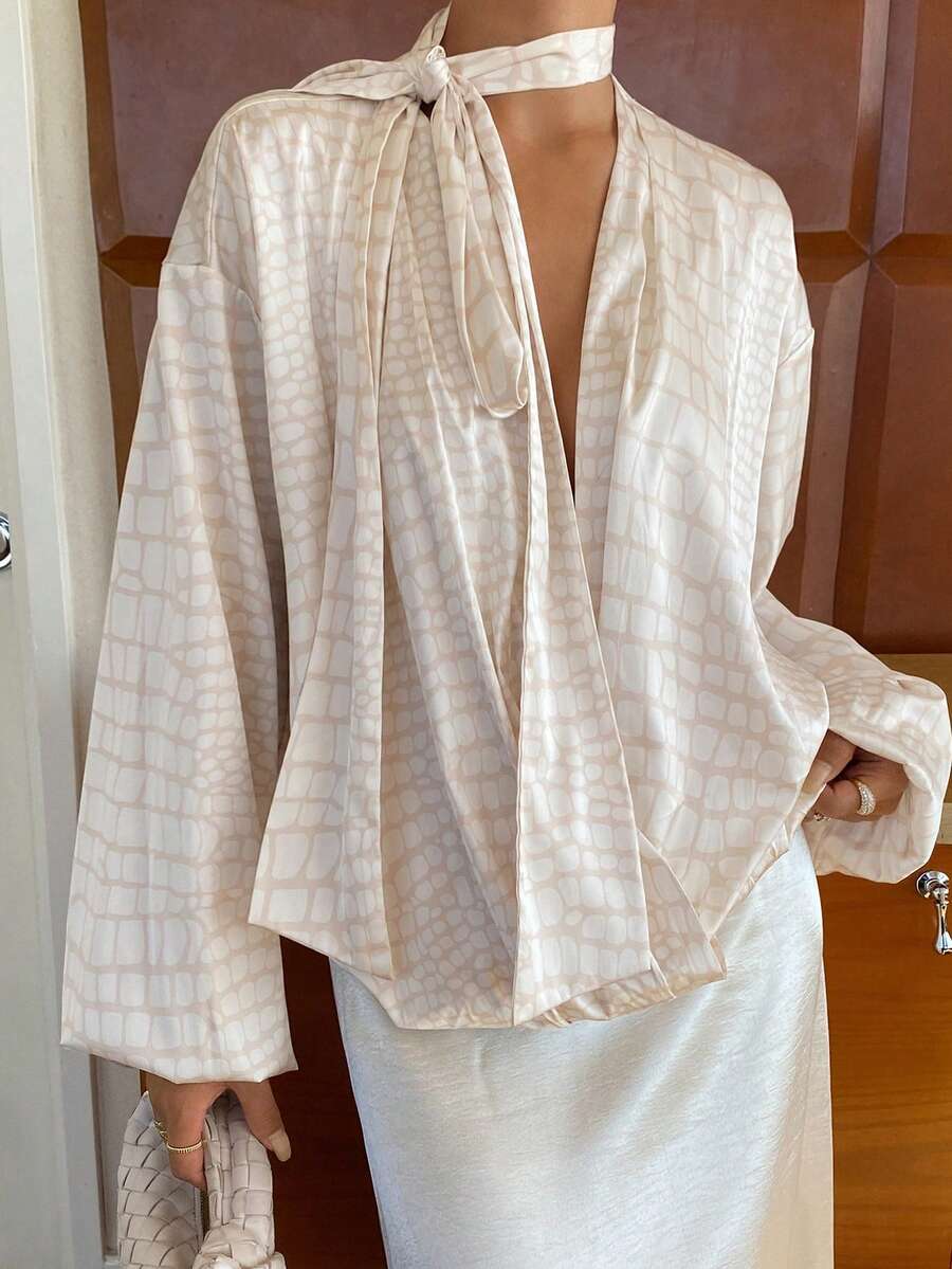 Livesso Women's White Animal Print Loose Blouse,Elegant V-Neck Tie Neck Long Sleeve Shirt For Office,New Year,Christmas,Wedding,Party,Tea Party,Autumn,Spring - Beige - View 1