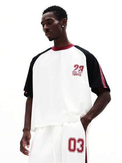 SUMWON T-shirt à manches courtes style universitaire de Tokyo, coupe ample avec manches raglan contrastées et imprimé sur la poitrine pour un port décontracté en été