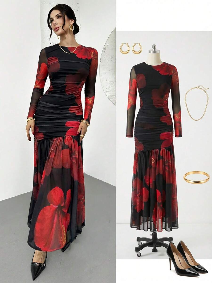 Firerie Váy maxi dài tay cổ tròn họa tiết hoa nhiệt đới tương phản màu đỏ và đen thanh lịch dành cho nữ, phù hợp cho mùa xuân/thu, váy ngày lễ họa tiết hoa đỏ, váy dài họa tiết lưới, váy maxi ôm sát, kết hợp với váy dài vào mùa thu/đông, phù hợp cho mùa xuân, hạ, thu, đông, thanh lịch, đi làm, hẹn hò, tiệc tùng, mùa cưới, tốt nghiệp, vũ hội, biểu diễn, hòa nhạc, công sở, trở lại trường, tiệc thường niên, sinh nhật nữ, ngày lễ