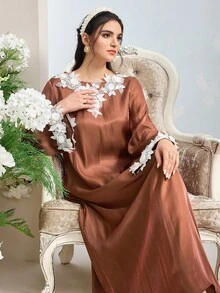 Al Najma Women's Elegant Long Sleeve Turkish Kaftan & Arabic Traditional Maxi Dress - Brown - View 2