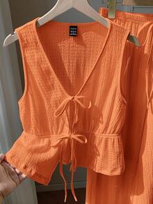 Comfortcana 女士橙色纹理针织系带吊带背心和裤子套装，春夏休闲度假装 - 橘色 - 查看 3