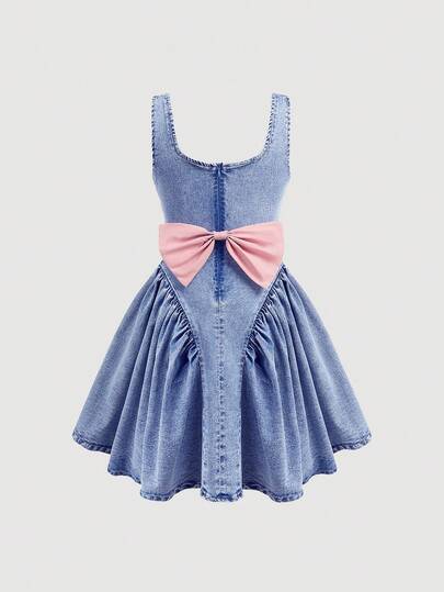 SHEIN Tween Girls Fashion Casual Y2k Vintage Cool Street Spring And Summer Light Pink Three-Dimensional Large Bow Blue Denim Stretchy Dress For Tween Girl Clothes Tween Girls Dailywear Spring To Summer Rave Outfits Festival And Outfits Streetwear Clothes