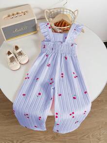 Genkimix Kids 1 bộ áo liền quần dáng ôm vừa vặn kiểu cổ điển in họa tiết quả anh đào độc đáo, thích hợp cho hoạt động ngoài trời mùa hè và đi học. - Màu xanh lam - Xem 2