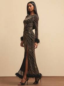 NYA SZN 配套长袖半身裙，优雅大方，饰以金色斑马纹羽毛，闪耀亮片，适合外出、夜店、派对、新年夜等场合，尽显复古风情。这款冬季亮片闪耀的褶皱袖套装，是假日、圣诞派对、节日、跨年夜、休闲早午餐、日常秋冬春季女装的理想之选。 - 黑色 - 查看 4