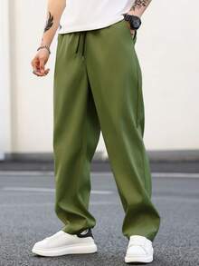 Manfinity Homme Pantalones casuales rectos y sueltos con cordón en la cintura y bolsillos para hombre - Verde Oliva - Ver 3