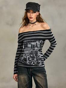 ROMWE Grunge Punk Top ajusté froncé à l'épaule dénudée avec imprimé portrait rayé punk vintage - Noir - Voir 2
