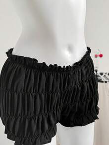 SHEIN EZwear 女士纯色简约日常灯笼短裤，带褶边下摆装饰 - 黑色 - 查看 4