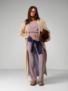 MISSGUIDED Striped Off Shoulder Long Sleeve Crop Top With High Waisted Wide Leg Pants Two Piece Lounge Set Casual Outfit - Multicolor - View 5