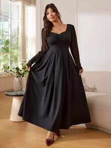 SHEIN EZwear Plus Size Black Autumn Elegant Formal Dinner Evening Dress,Swan Collar Chest Ruching Asymmetric Hem Comfortable Slim Fit Flattering Waist Party Gown - Black - View 3