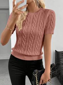 SHEIN Cottnline Blogger-Inspired Twist Rope Decor Round Neck Knit Sweater, Versatile For Autumn/Winter - Dusty Pink - View 8