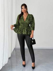 Elenzga Áo kiểu nữ cỡ lớn cổ chữ V sâu, họa tiết da báo, xếp ly, tay phồng, thắt eo, thời trang cho kỳ nghỉ. - Màu xanh Bạc hà - Xem 2