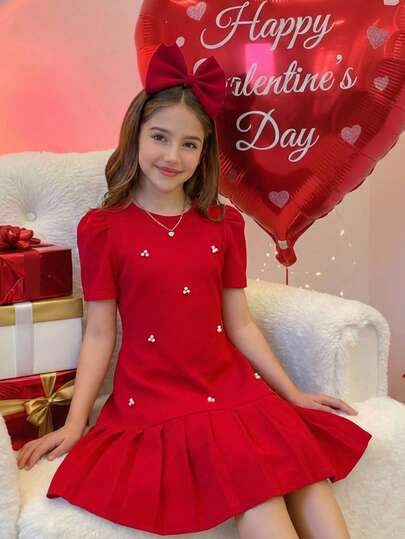 1-Piece Tween Girls Elegant Red Pearl-Decor Short-Sleeve Dress With Smooth Fabric Texture, Celebration-Ready Style, Soft Stretch Comfort And Multi-Scene Matching For Parties And Daily Wear
