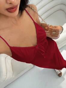 SHEIN EZwear Đầm slip nữ màu đỏ hồng kiểu dáng thường ngày - Màu Hoa hồng đỏ - Xem 3
