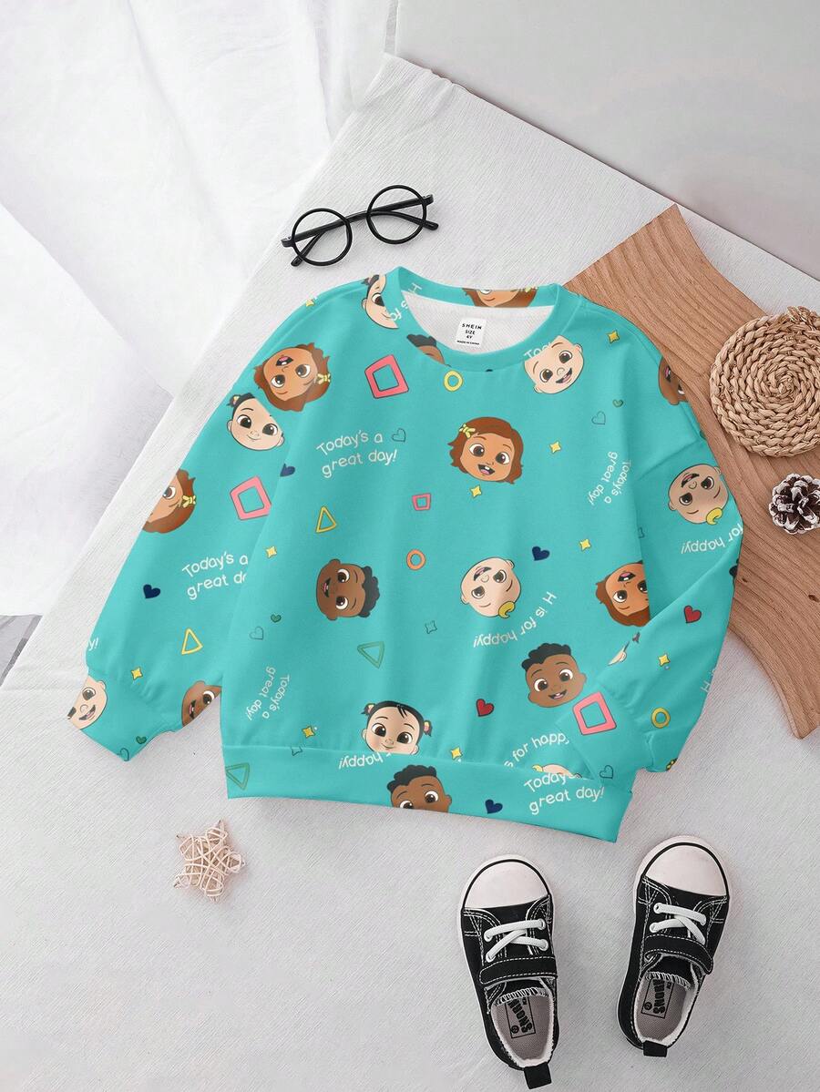 CoComelon X SHEIN 男婴休闲卡通图案圆领卫衣，秋季款 - 白色 - 查看 1